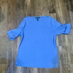 Ralph Lauren Cornflower Blue Elbow 3/4 Length Sleeve Boat Neck Top Shirt